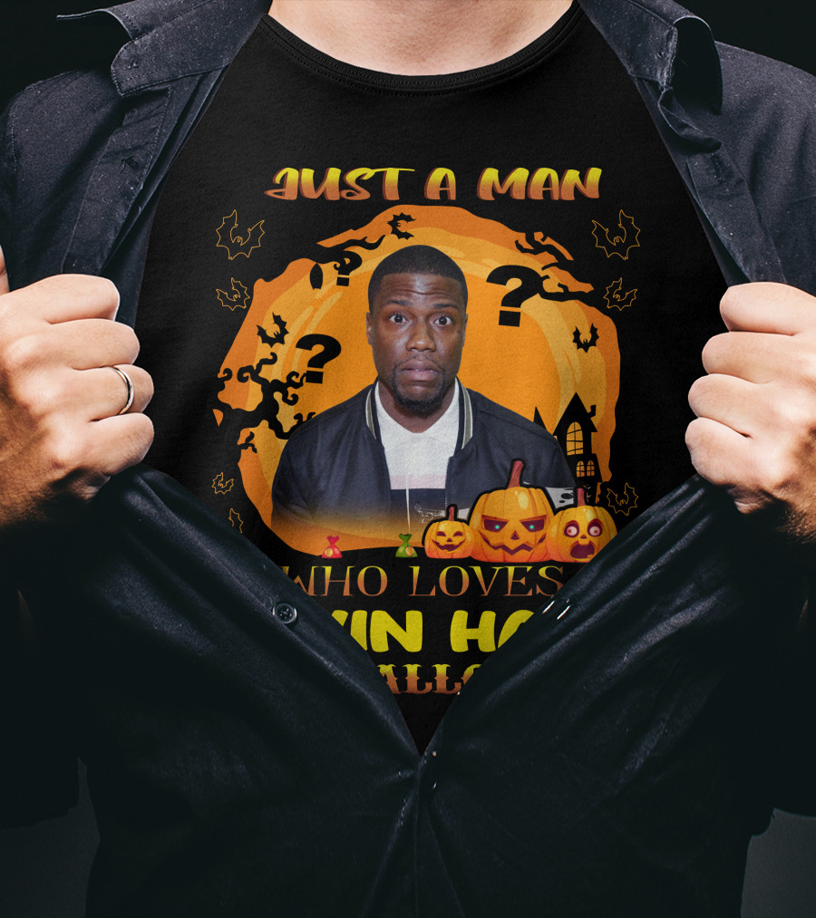 Just A Man Who Loves Kevin Hart And Halloween With Pumpkins And Bats T-Shirt