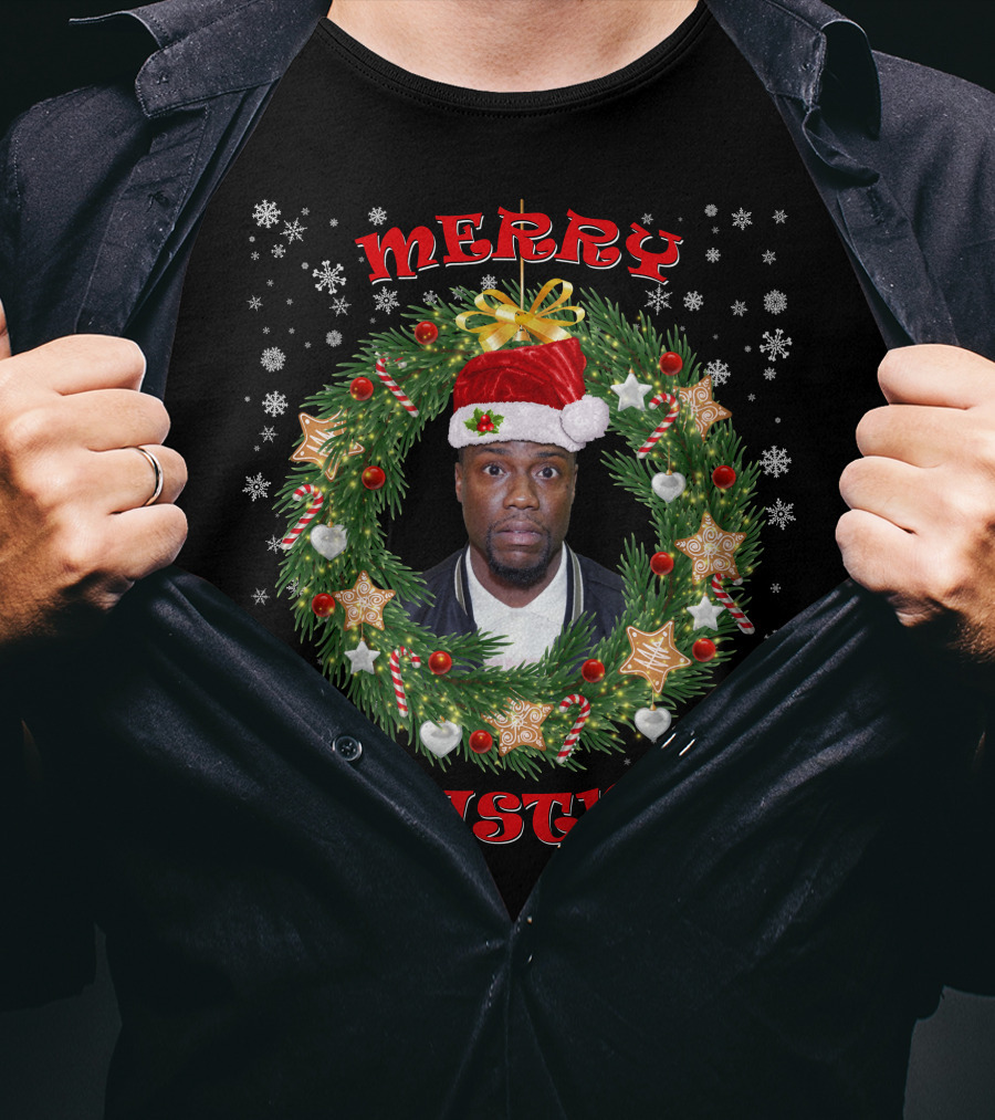 Merry Christmas Kevin Hart Santa Hat Christmas Wreath T-Shirt