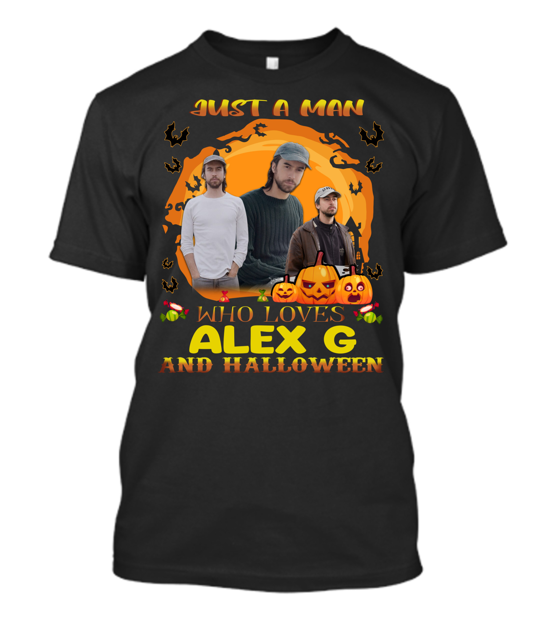 Just A Man Who Loves Alex G And Halloween Pumpkin Candy Bats Scene T-Shirt