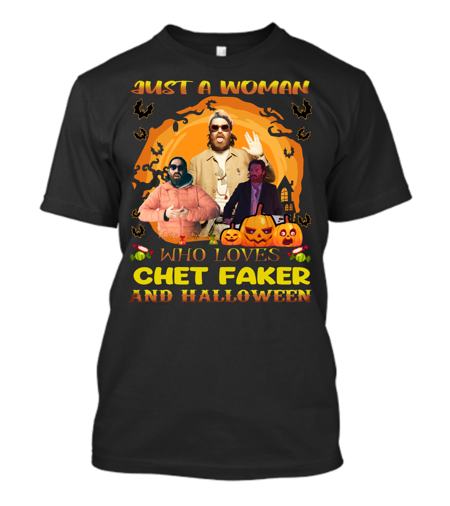 Just A Woman Who Loves Chet Faker And Halloween With Pumpkins And Bats T-Shirt