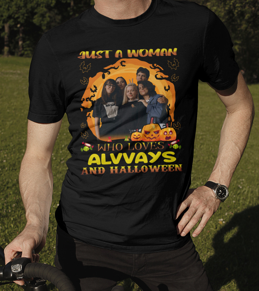 Just A Woman Who Loves Alvvays And Halloween Pumpkins Bats Candy T-Shirt