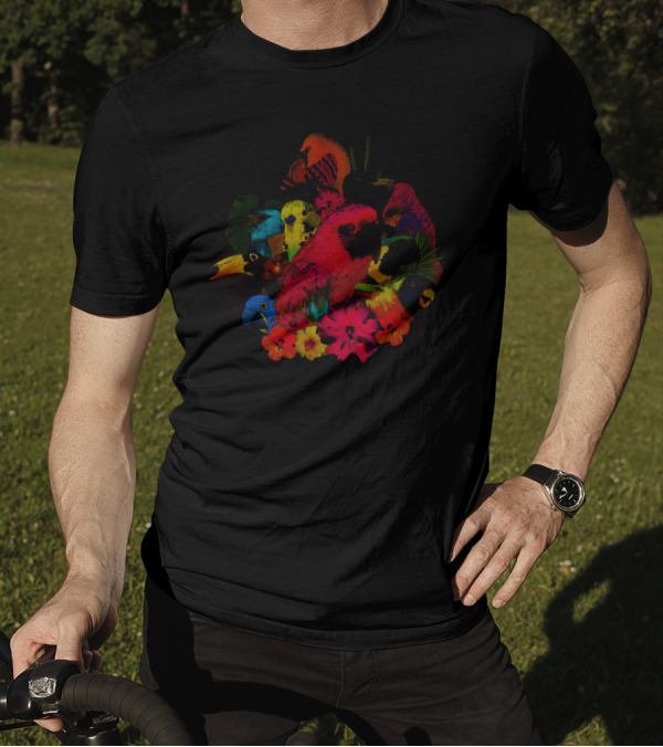 Algernon Cadwallader Colorful Parrots And Tropical Flowers T-Shirt
