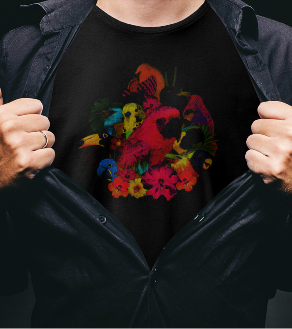 Algernon Cadwallader Colorful Parrots And Tropical Flowers T-Shirt