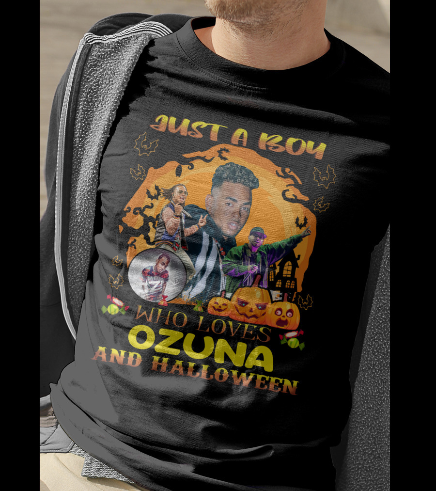 Just A Boy Who Loves Ozuna And Halloween Pumpkins Bats And Haunted House T-Shirt