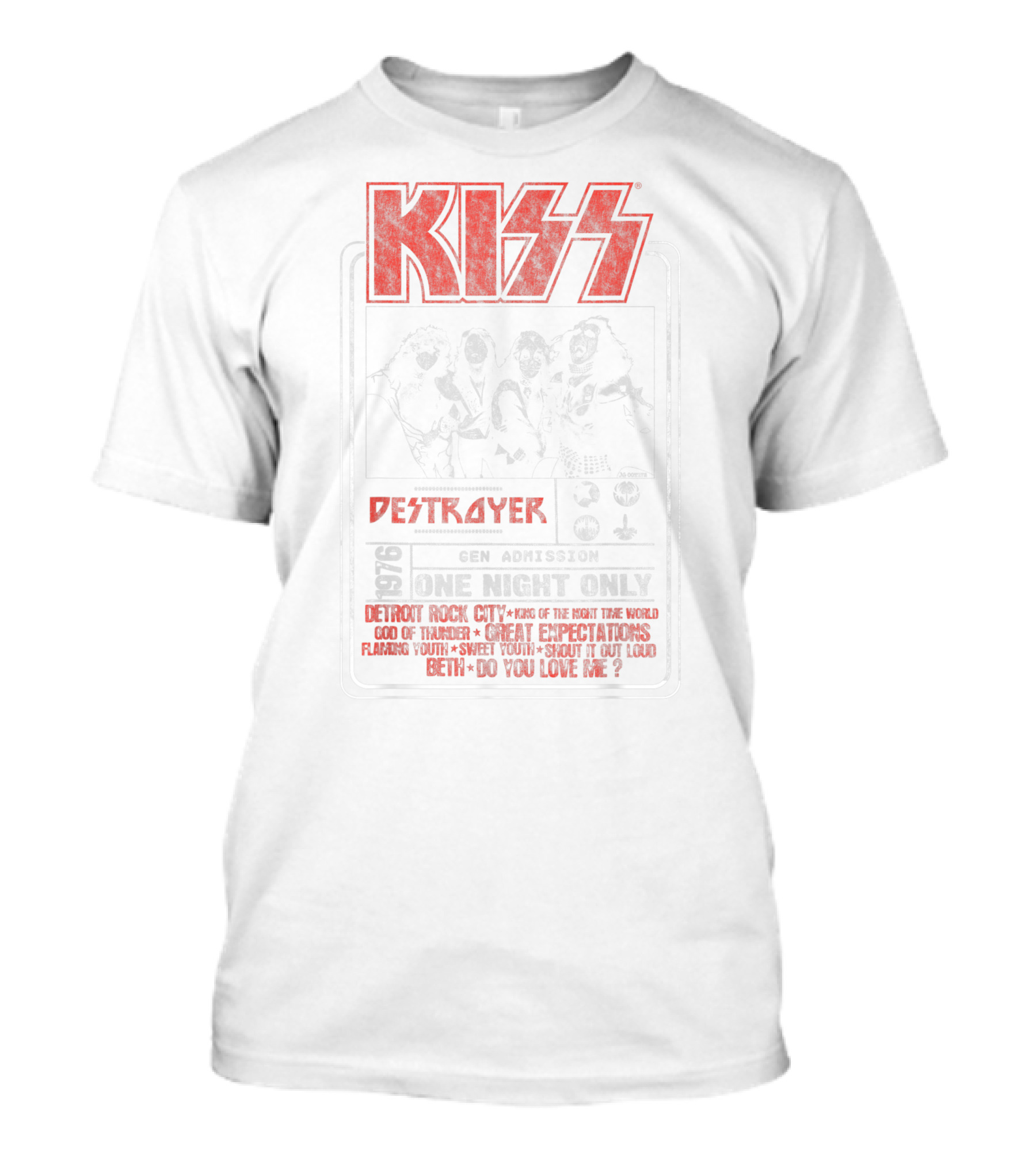 KISS Destroyer 1976 Gen Admission One Night Only Detroit Rock City God Of Thunder Shout It Out Loud T-Shirt