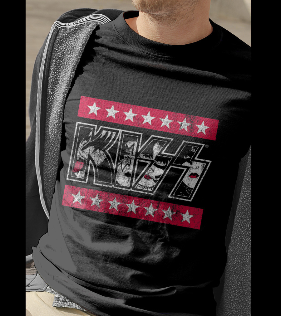 KISS Rock N Roll Stars Faces With Red And White Stars T-Shirt