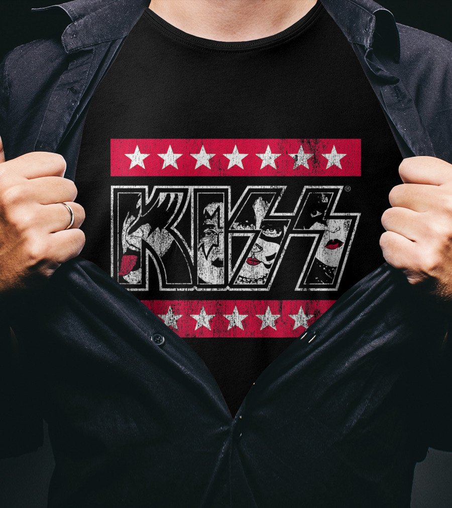 KISS Rock N Roll Stars Faces With Red And White Stars T-Shirt