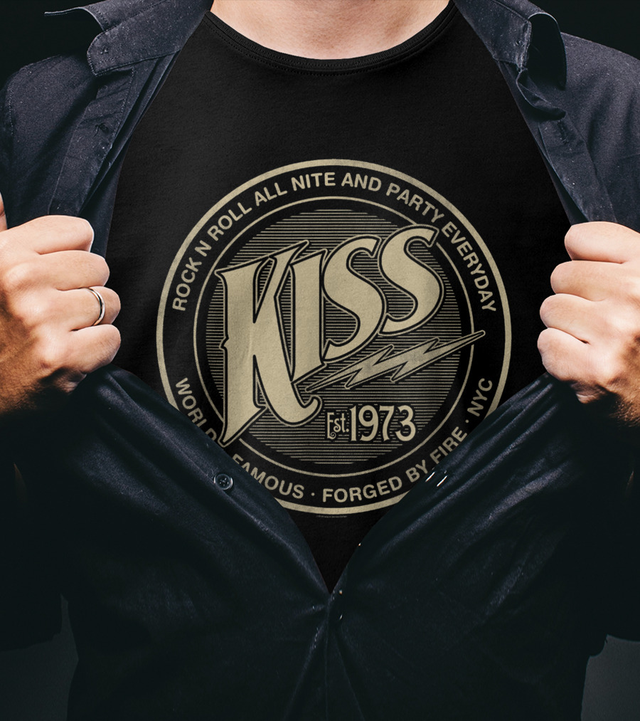 KISS Rock N Roll All Nite And Party Everyday World Famous Est. 1973 Forged By Fire NYC T-Shirt