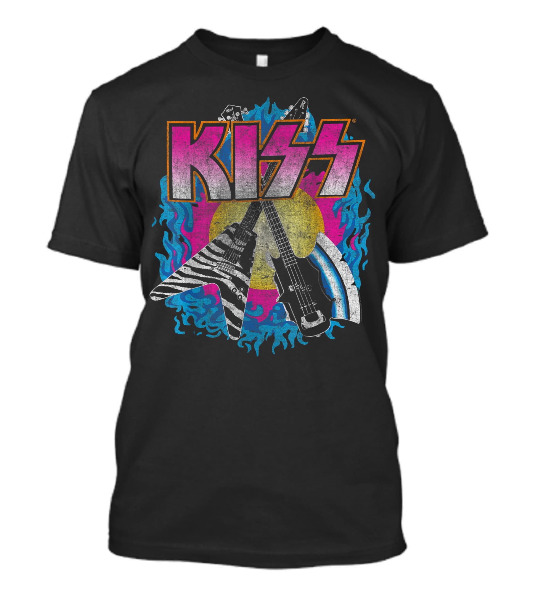 KISS Young Wasted Zebra Stripe Flying V And Bass With Flaming Background T-Shirt