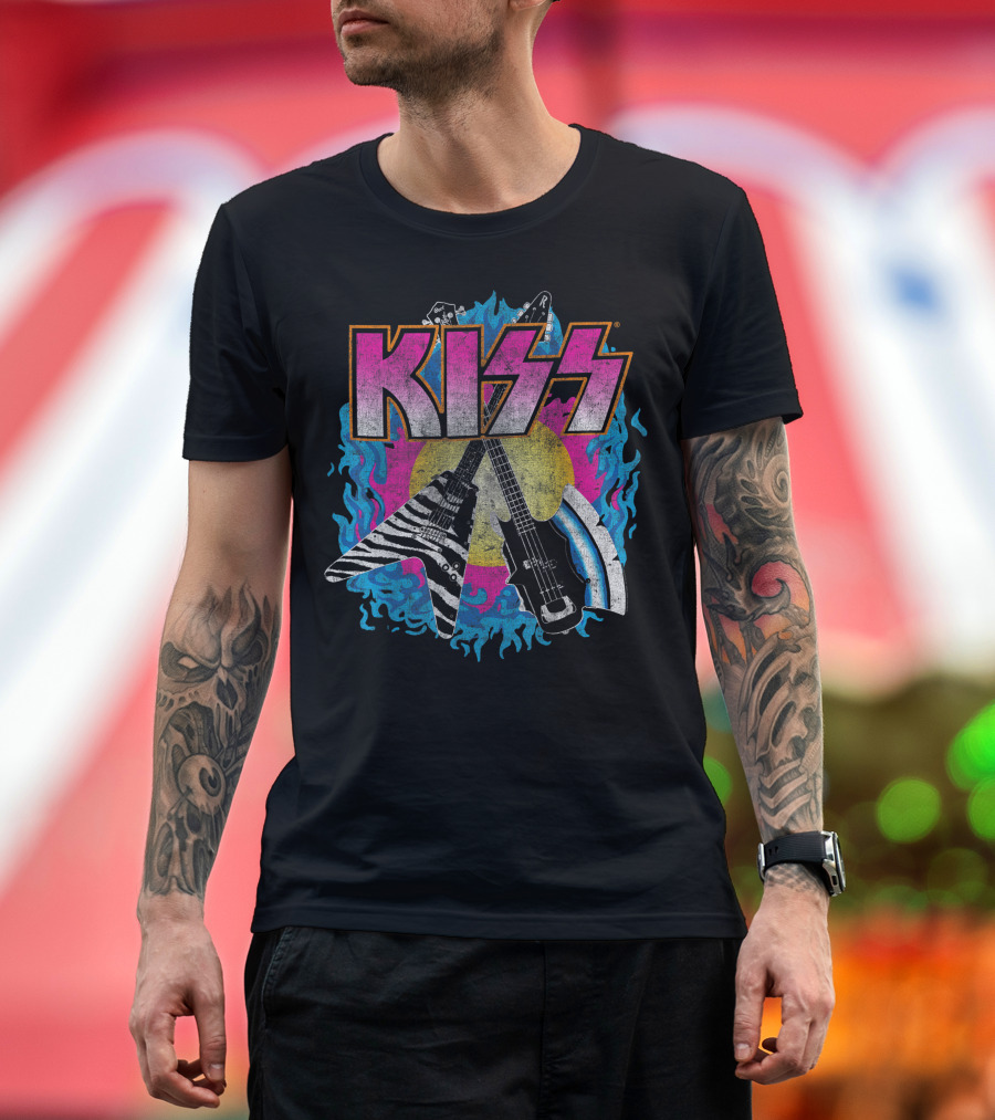 KISS Young Wasted Zebra Stripe Flying V and Bass with Flaming Background T-Shirt