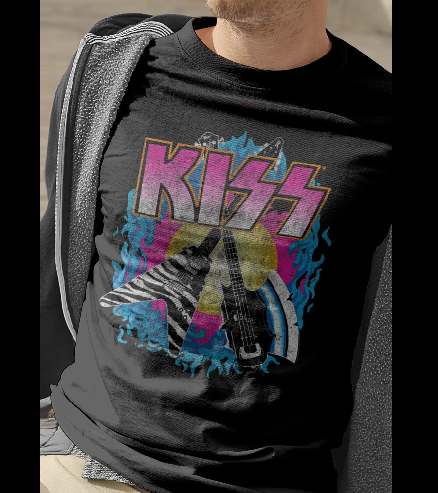 KISS Young Wasted Zebra Stripe Flying V And Bass With Flaming Background T-Shirt