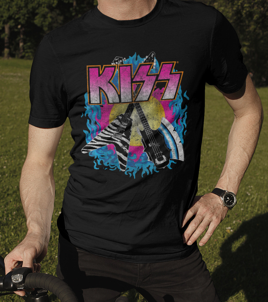 KISS Young Wasted Zebra Stripe Flying V And Bass With Flaming Background T-Shirt