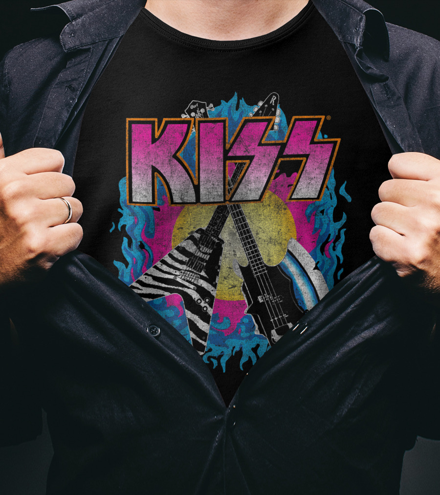 KISS Young Wasted Zebra Stripe Flying V And Bass With Flaming Background T-Shirt