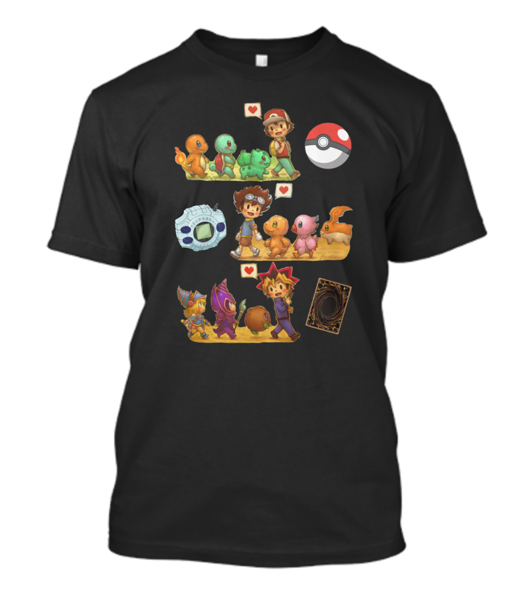 Pokémon Digimon Yu-Gi-Oh Adventure Characters With Love Symbols T-Shirt