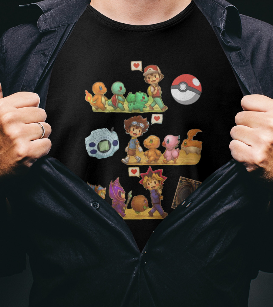 Pokémon Digimon Yu-Gi-Oh Adventure Characters With Love Symbols T-Shirt