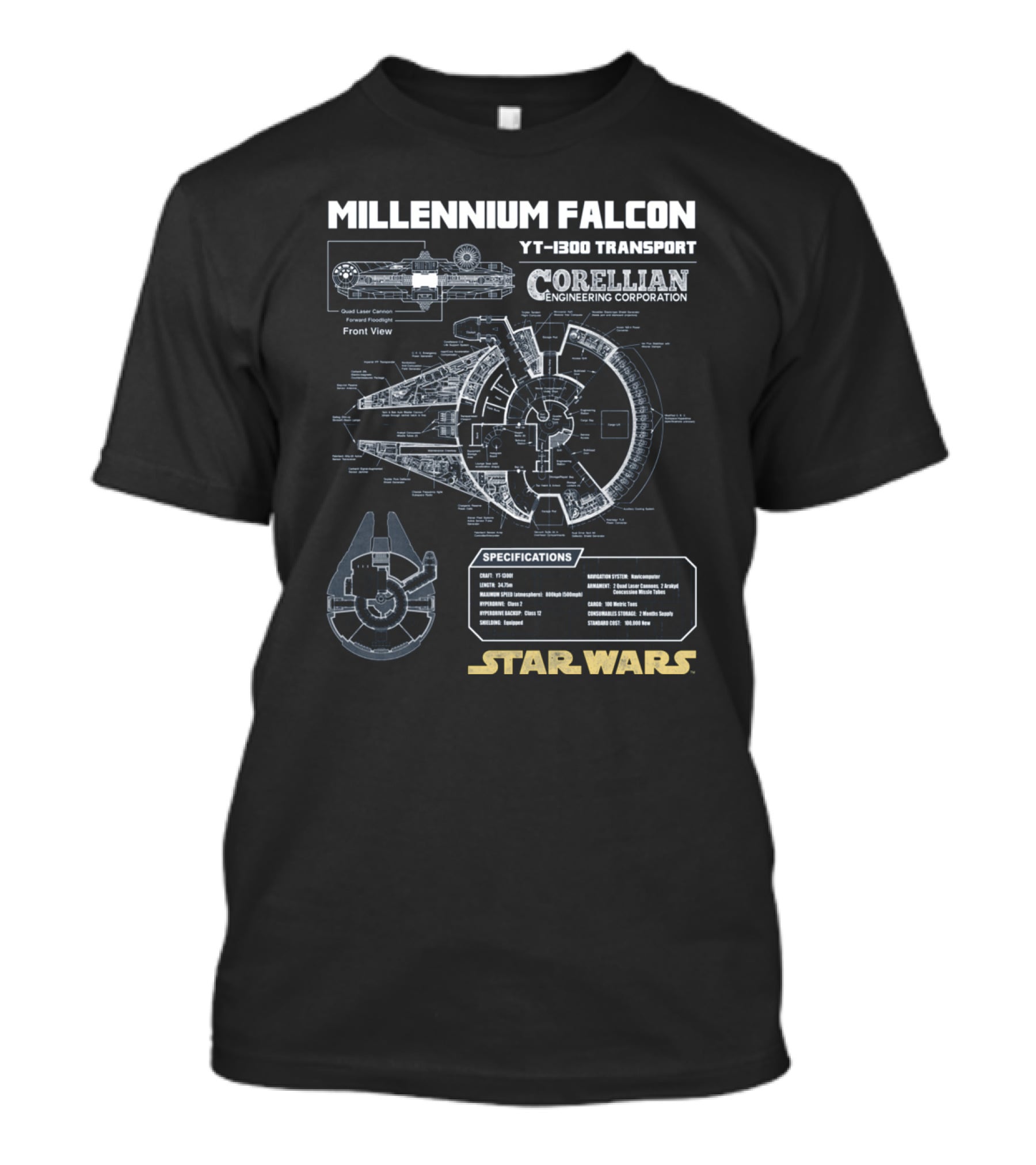 Millennium Falcon Yt-1300 Transport Corellian Engineering Corporation Specifications Star Wars T-Shirt