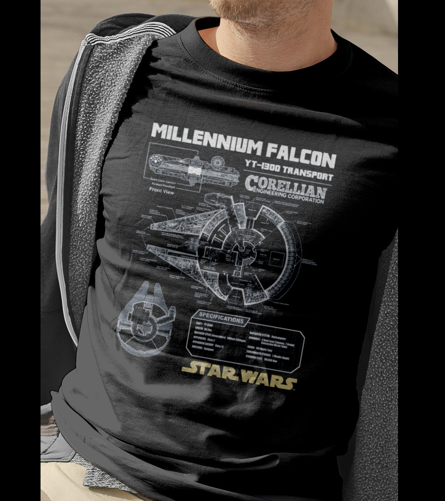 Millennium Falcon Yt-1300 Transport Corellian Engineering Corporation Specifications Star Wars T-Shirt
