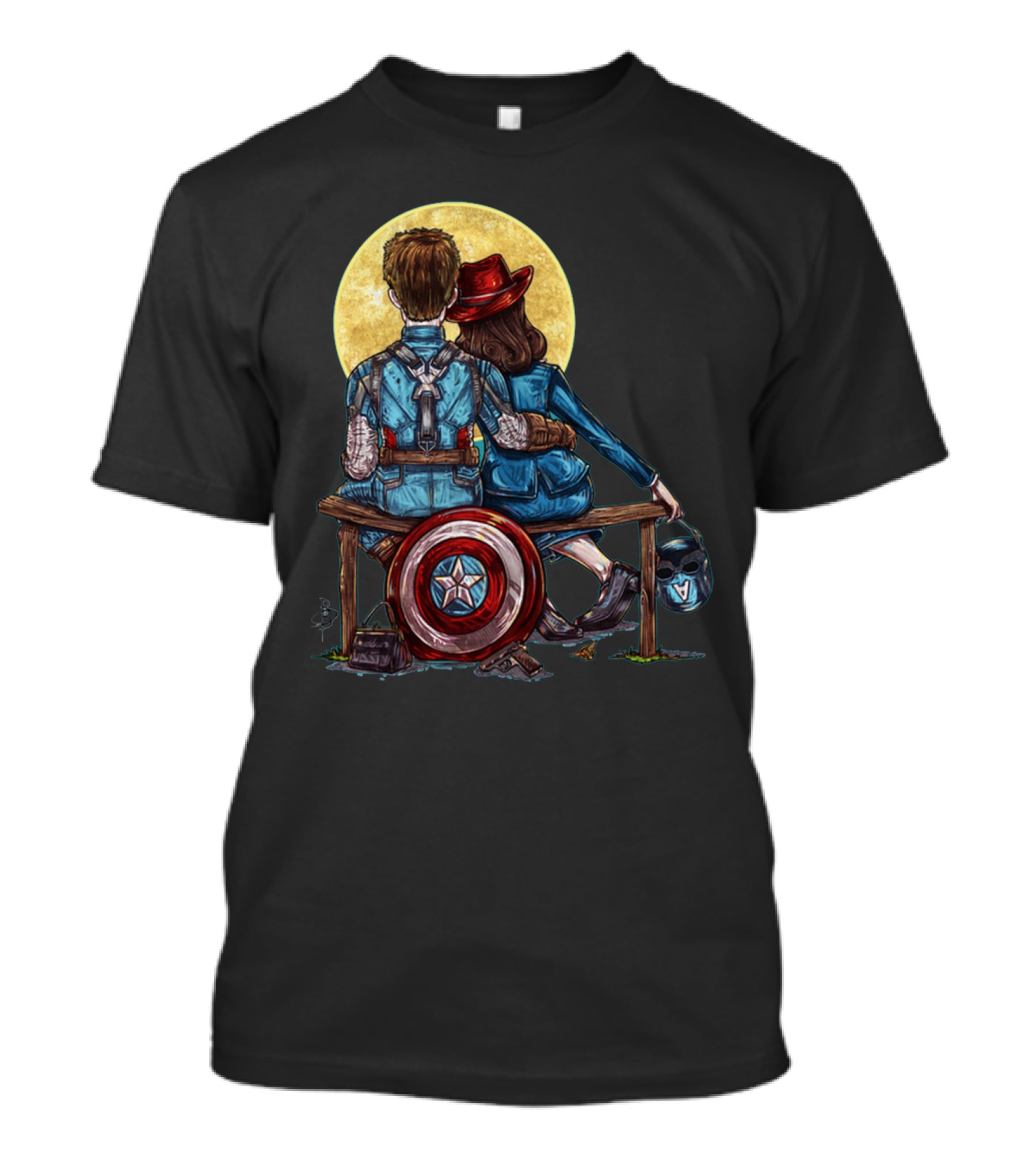 Marvel Captain America Moonlight Bench Scene With Shield And Helmet T-Shirt