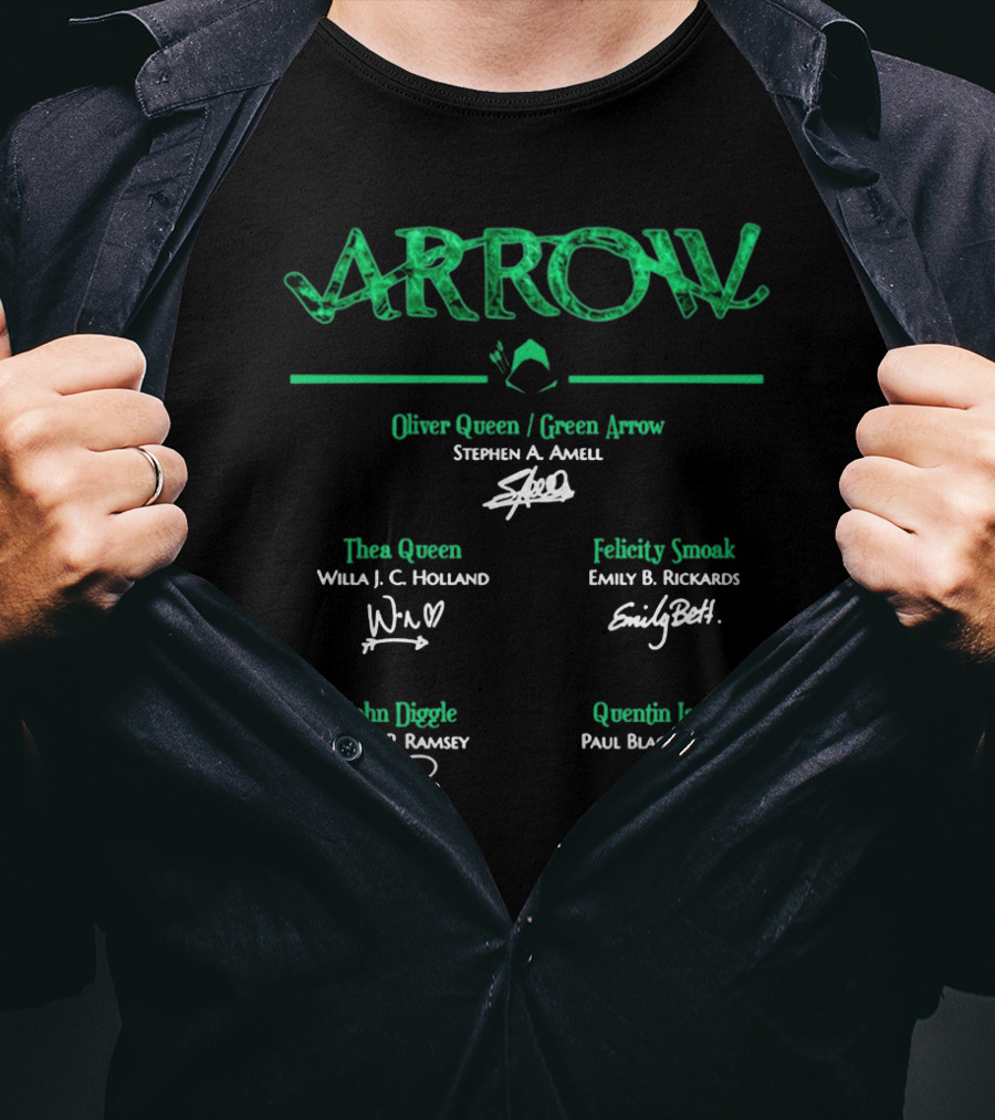ARROW Stephen Amell Oliver Queen Green Arrow Willa Holland Emily Bett Rickards David Ramsey Paul Blackthorne T-Shirt