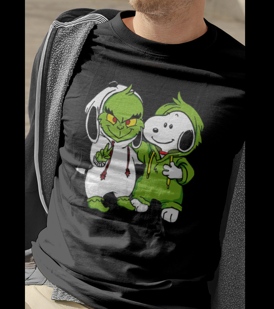 Grinch And Snoopy Christmas Crossover Characters In Festive Hoodies T-Shirt