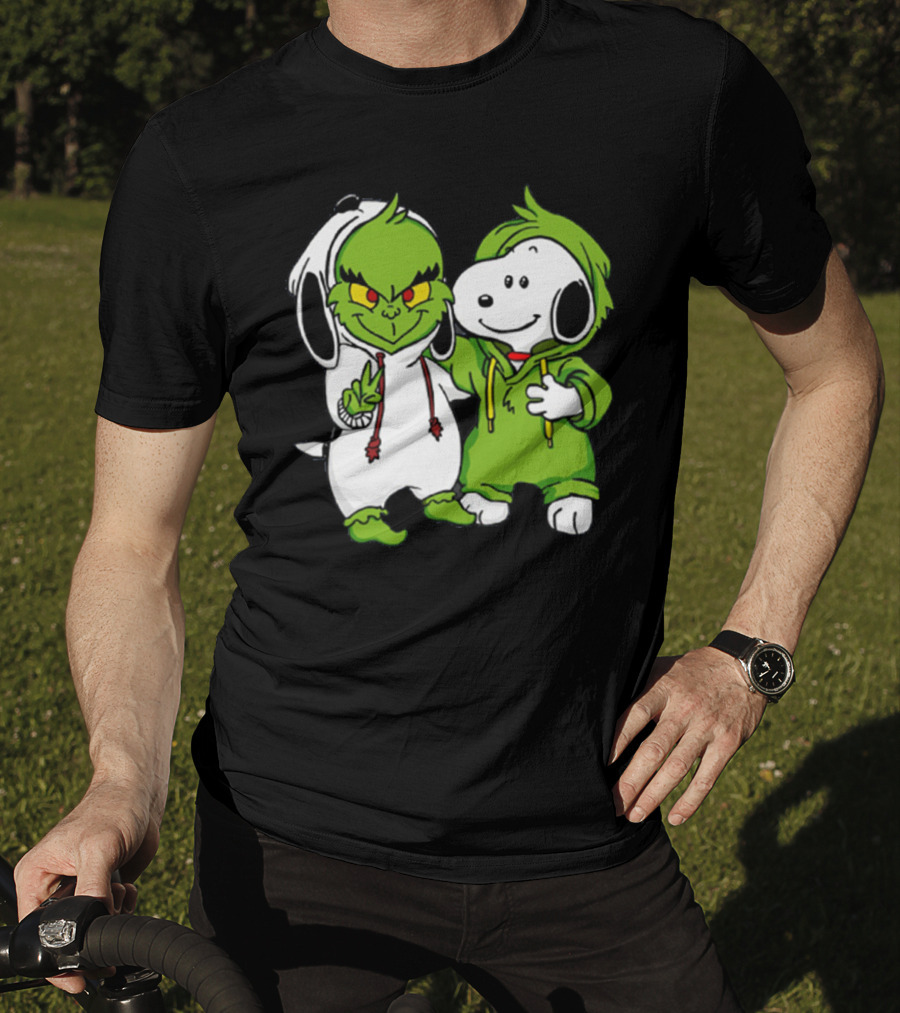 Grinch And Snoopy Christmas Crossover Characters In Festive Hoodies T-Shirt