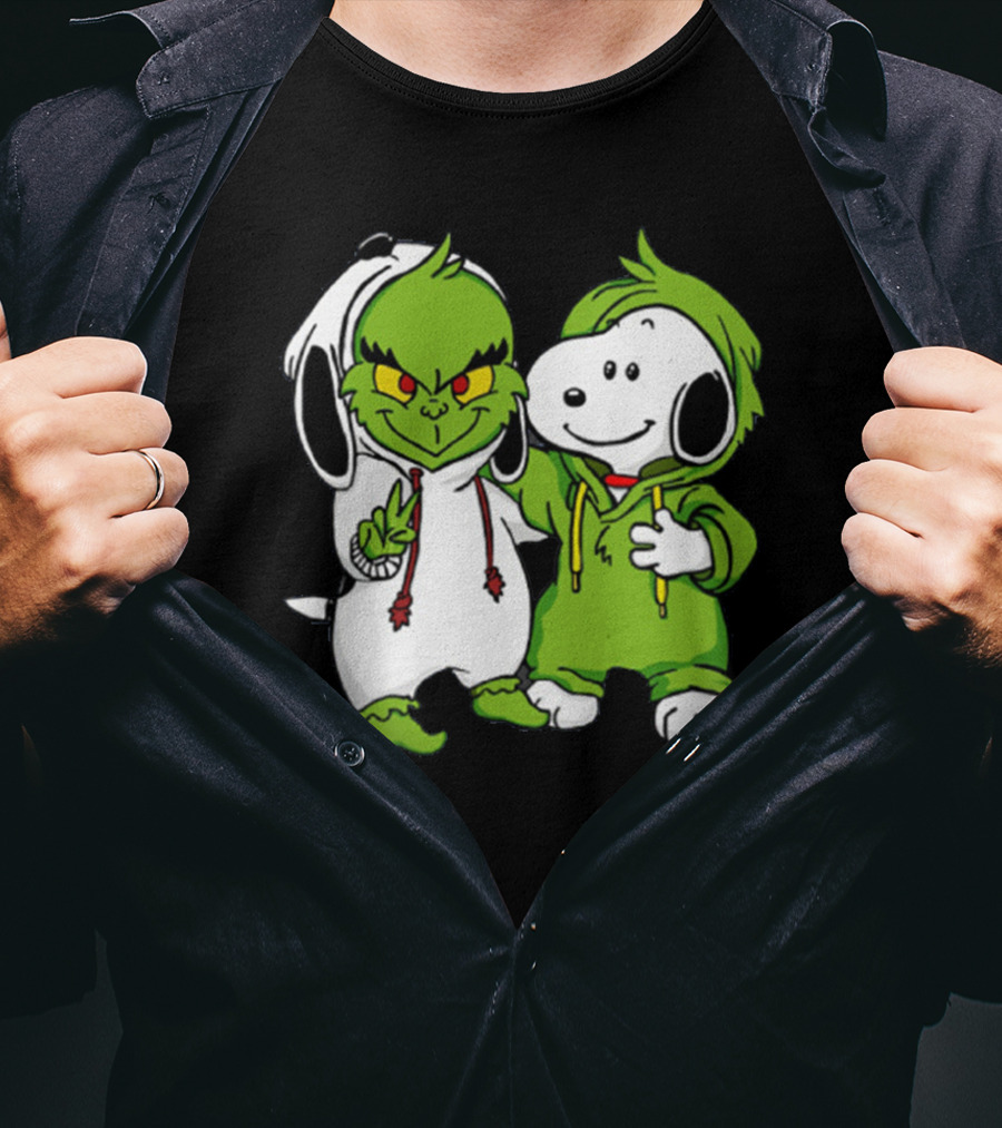 Grinch And Snoopy Christmas Crossover Characters In Festive Hoodies T-Shirt