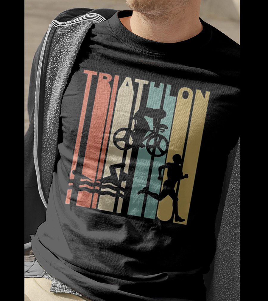 Vintage Triathlon Swimming Cycling Running Silhouettes Retro Stripes T-Shirt