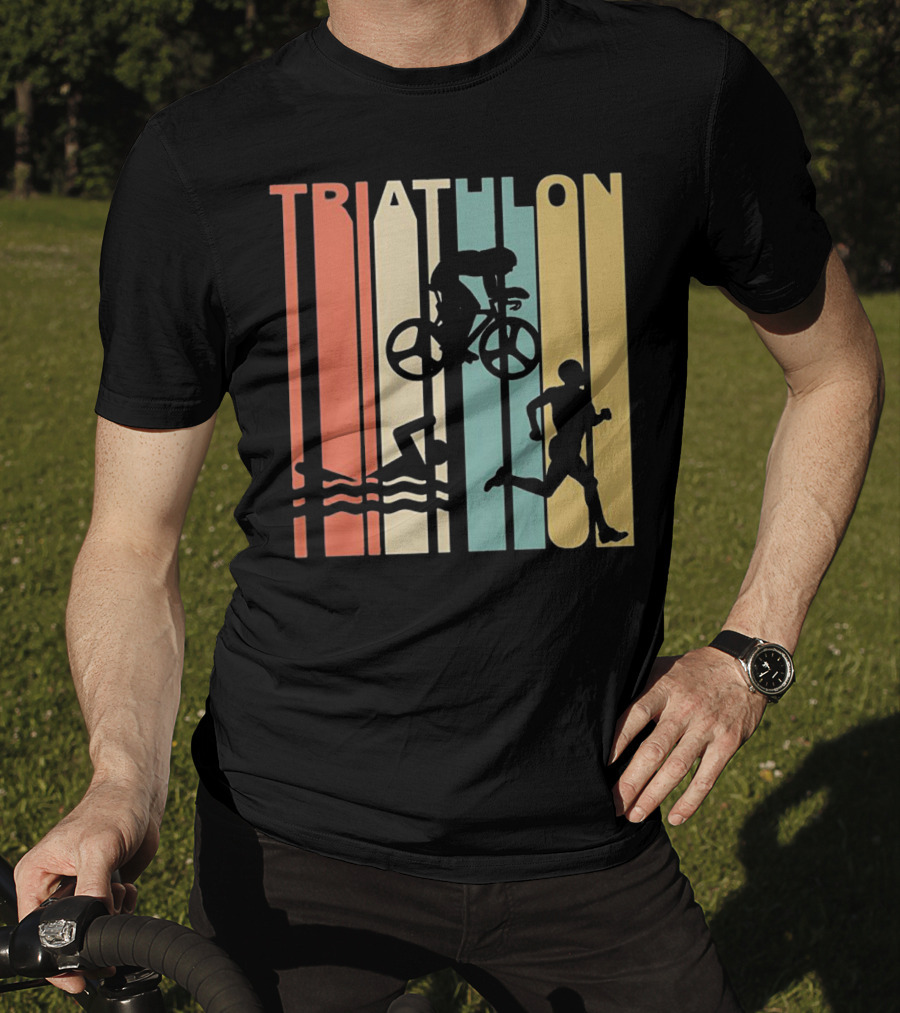 Vintage Triathlon Swimming Cycling Running Silhouettes Retro Stripes T-Shirt