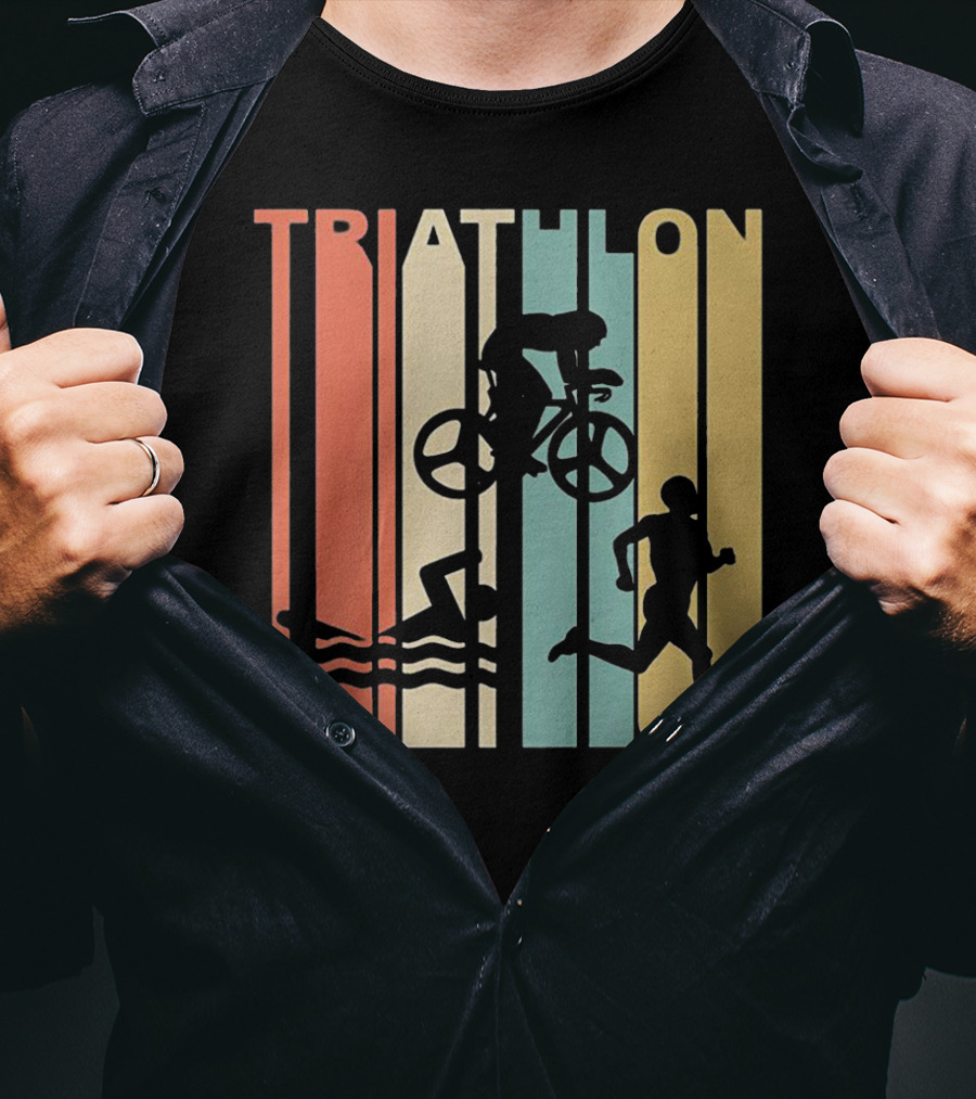 Vintage Triathlon Swimming Cycling Running Silhouettes Retro Stripes T-Shirt