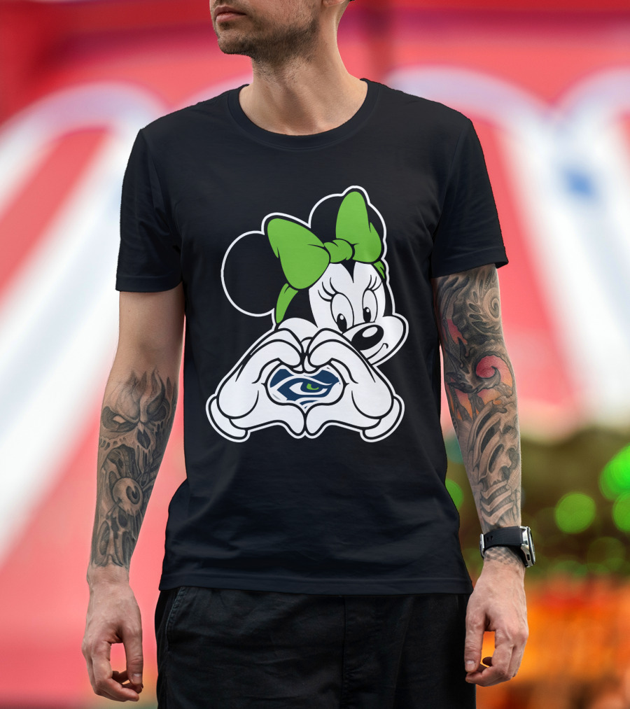 Seattle Seahawks Minnie Mouse Heart Hands Green Bow T-Shirt