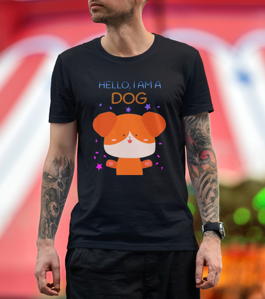 Hello I Am A Dog Cartoon with Colorful Confetti and Stars T-Shirt