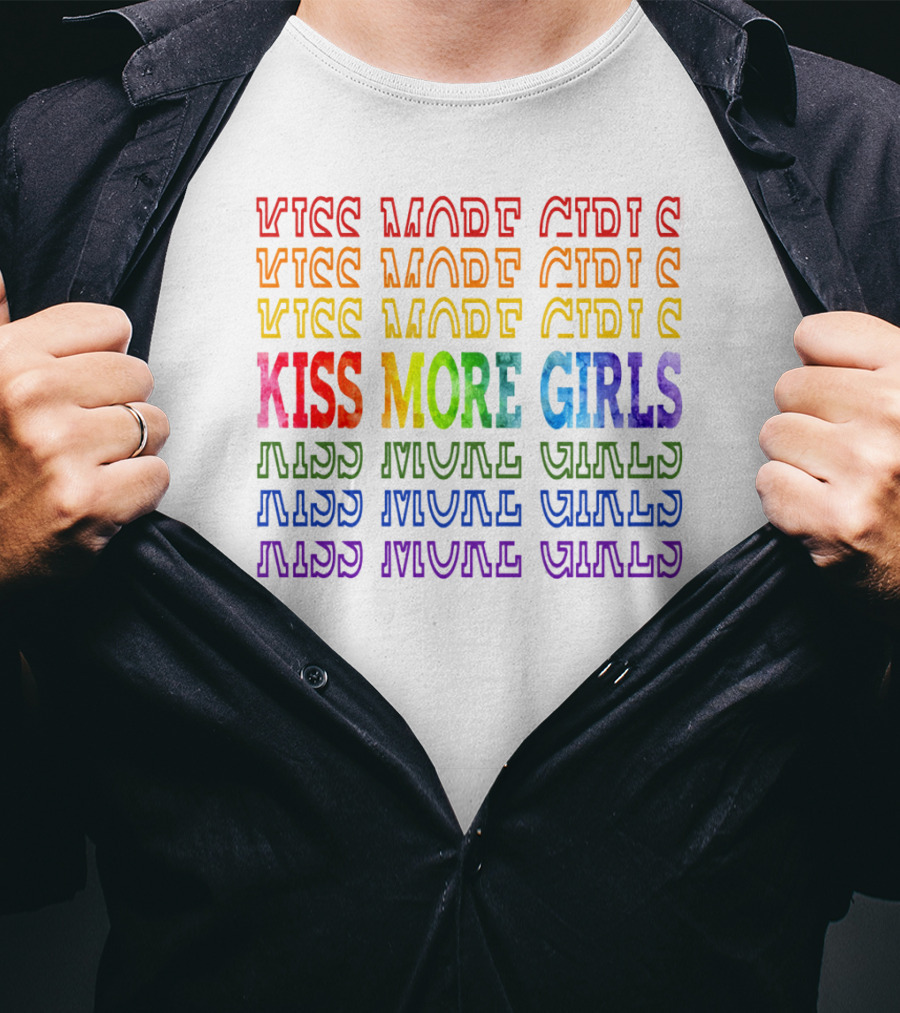Kiss More Girls Rainbow Pride Repeated Text T-Shirt