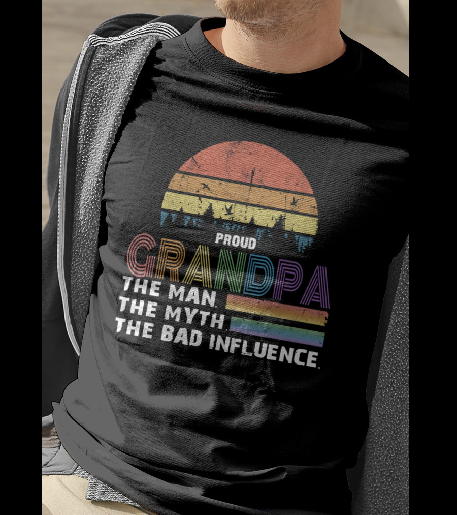 Proud Grandpa The Man The Myth The Bad Influence Vintage Sunset Stripe T-Shirt