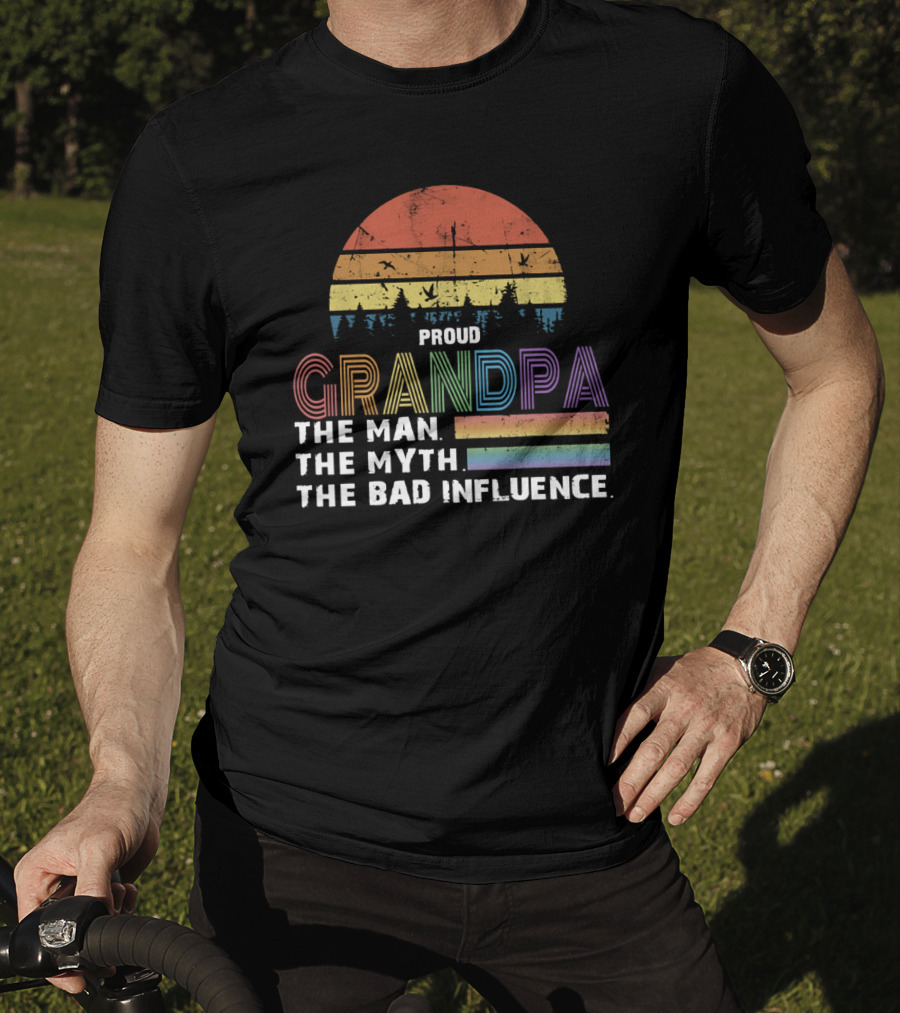 Proud Grandpa The Man The Myth The Bad Influence Vintage Sunset Stripe T-Shirt
