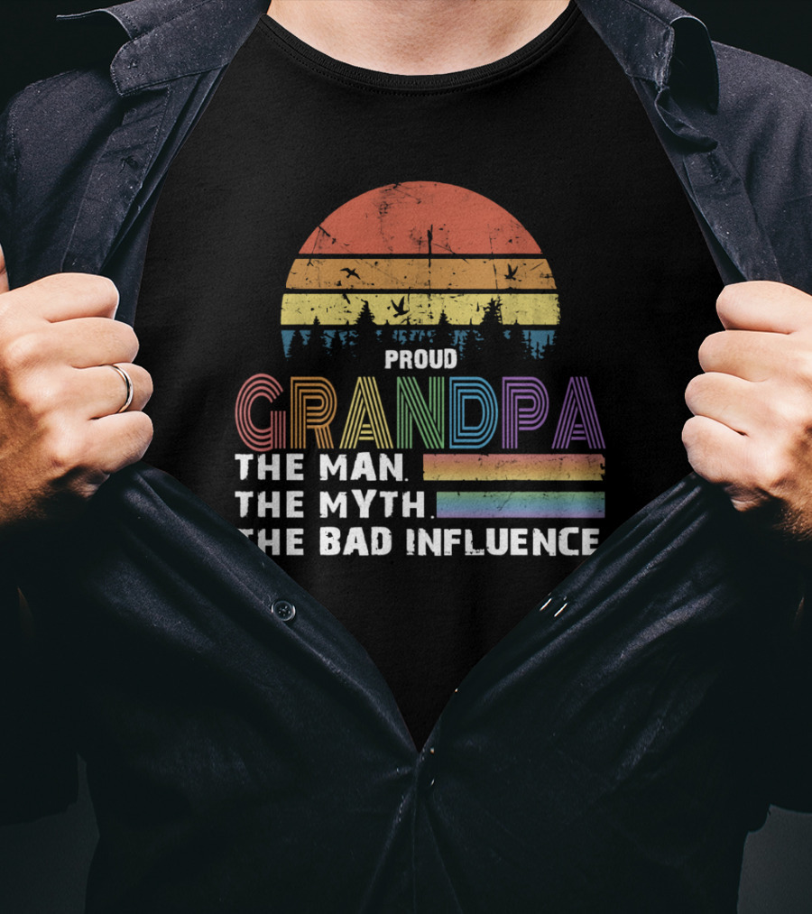 Proud Grandpa The Man The Myth The Bad Influence Vintage Sunset Stripe T-Shirt