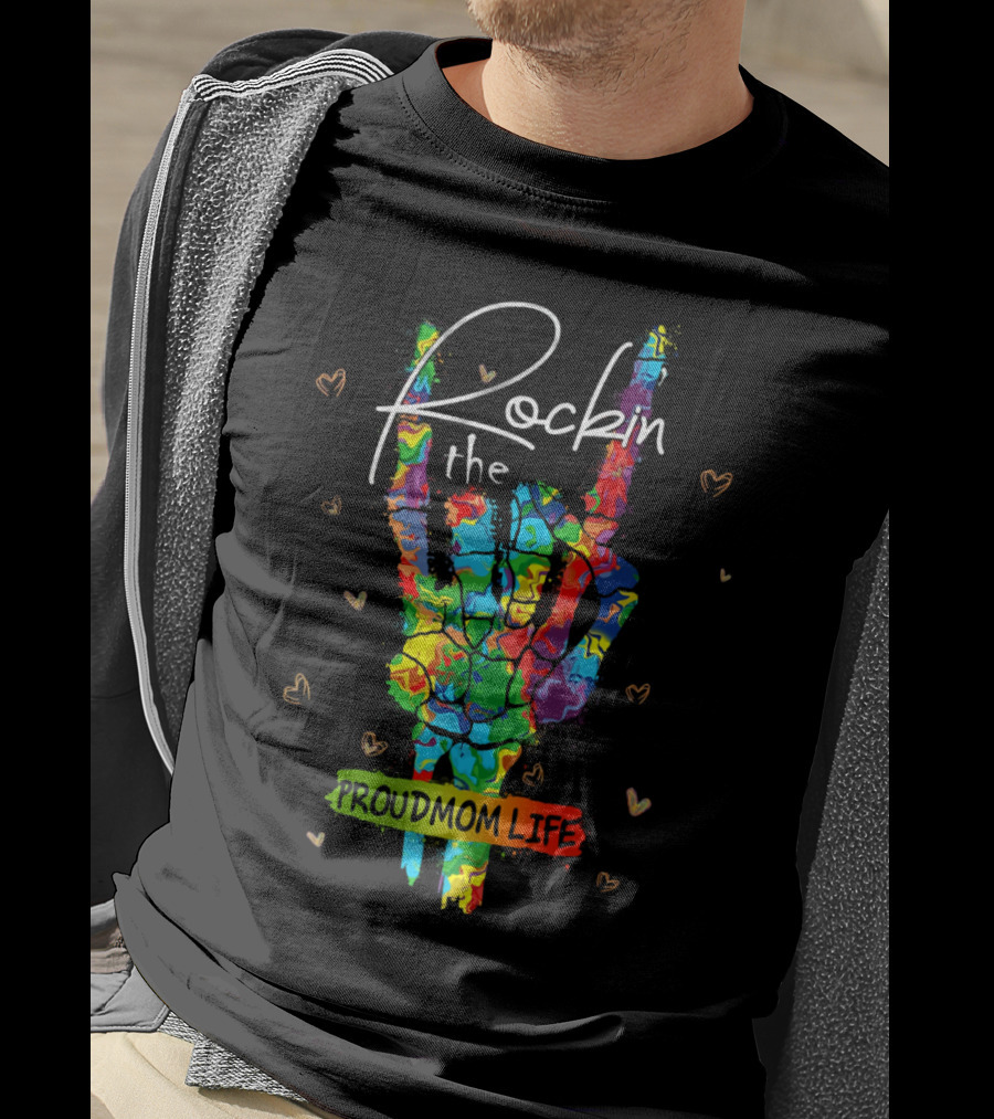 Rockin The Proud Mom Life Colorful Peace Sign Hearts T-Shirt