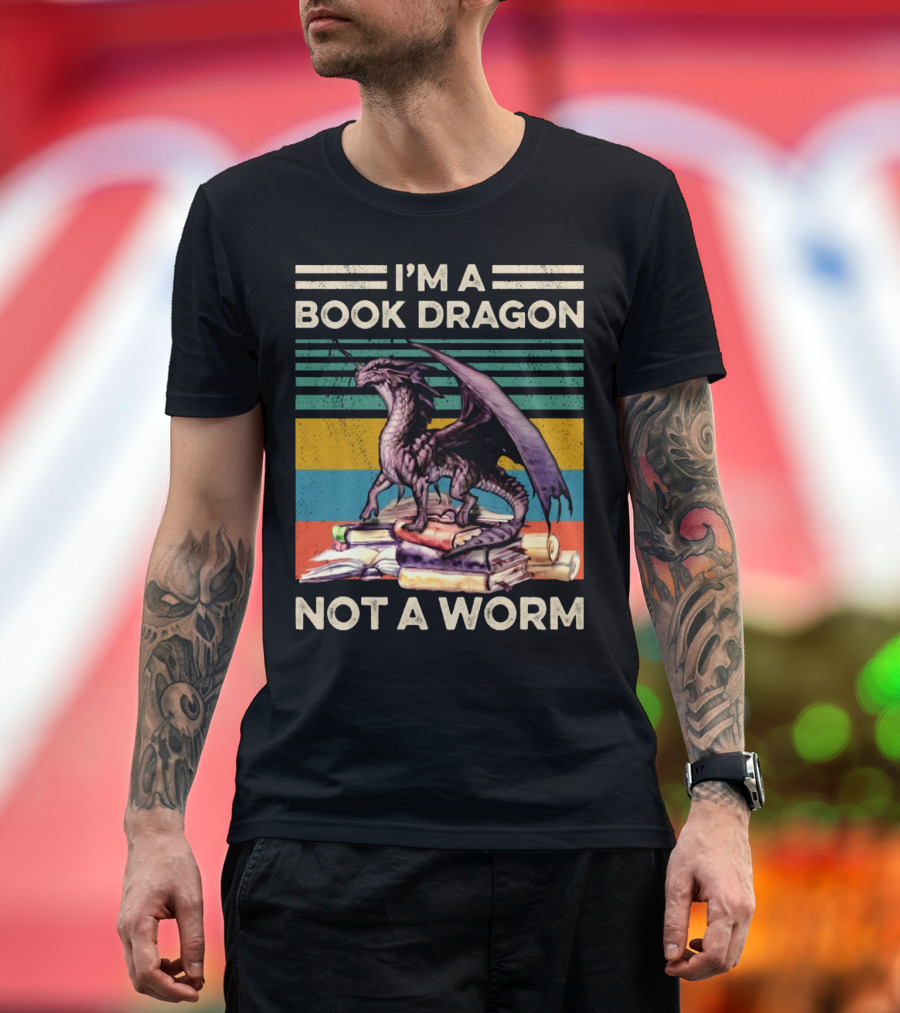I'm A Book Dragon Not A Worm Stacked Books Retro Stripes T-Shirt
