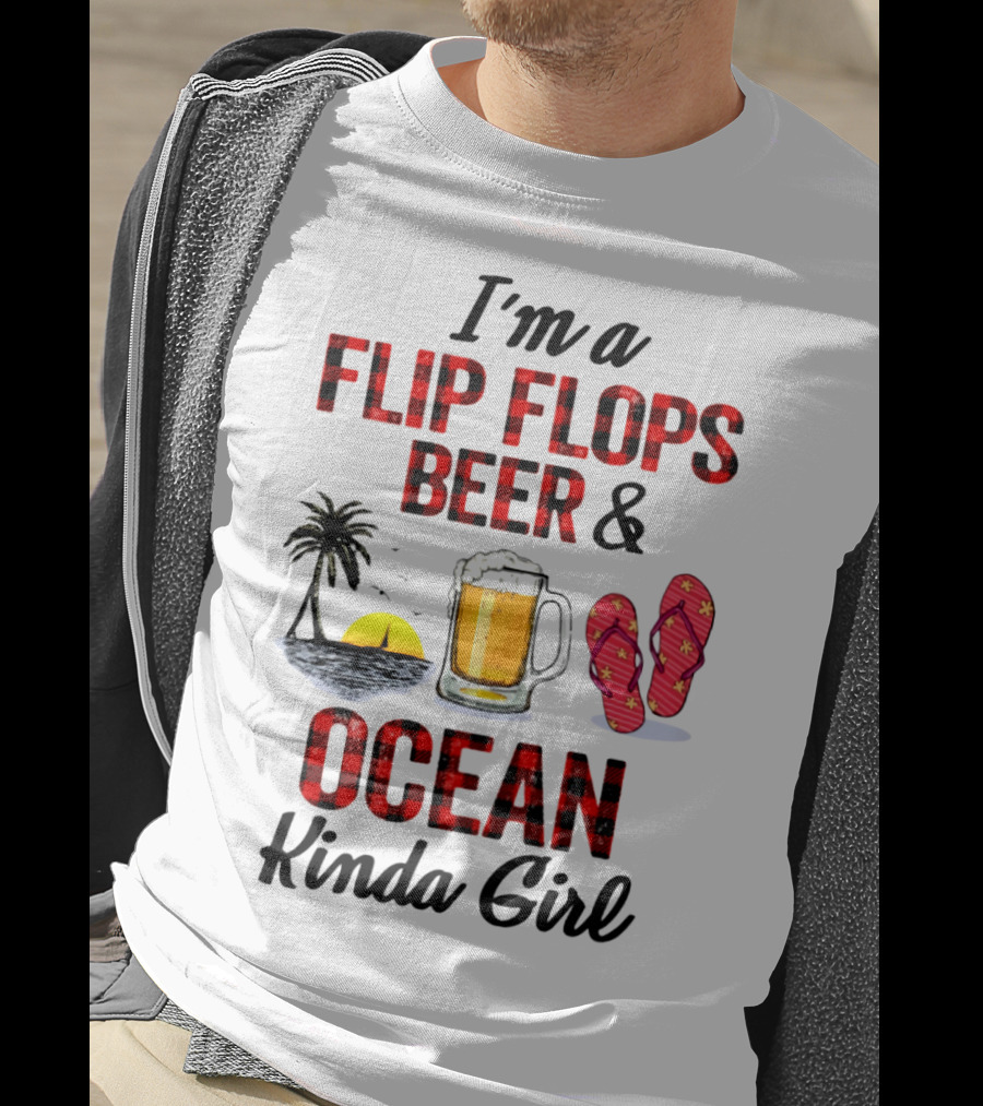 I'm A Flip Flops Beer Ocean Kinda Girl Palm Tree Sunset Red T-Shirt