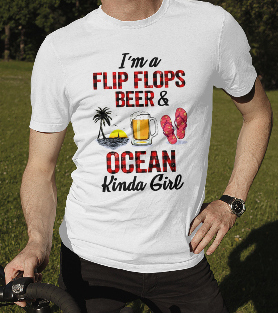I'm A Flip Flops Beer Ocean Kinda Girl Palm Tree Sunset Red T-Shirt