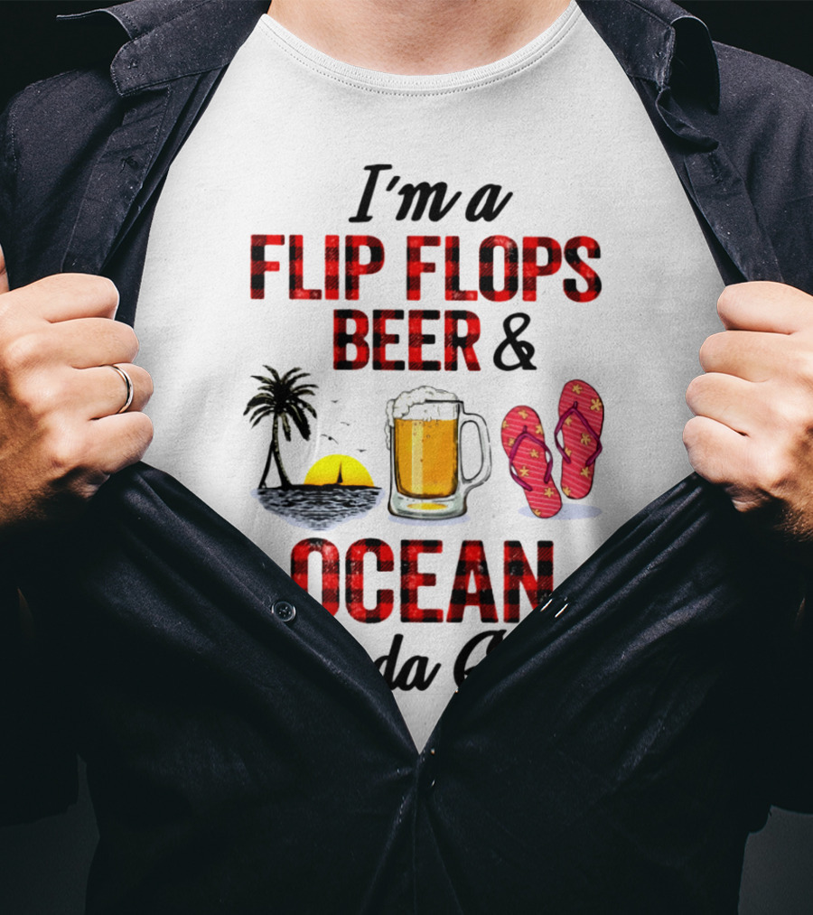 I'm A Flip Flops Beer Ocean Kinda Girl Palm Tree Sunset Red T-Shirt