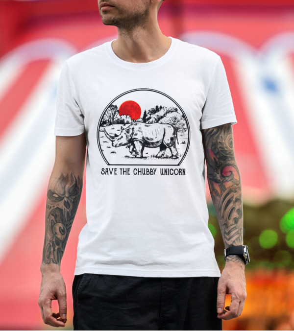 Premium T-Shirt: Save The Chubby Unicorn Rhino Illustration with Red Sun and Landscape T-Shirt Save The Chubby Unicorn Rhino Illustration with Red Sun and Landscape T-Shirt