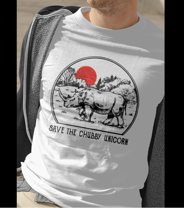 Save The Chubby Unicorn Rhino Illustration With Red Sun And Landscape T-Shirt