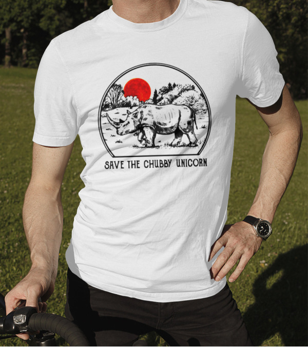 Save The Chubby Unicorn Rhino Illustration With Red Sun And Landscape T-Shirt