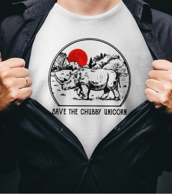 Save The Chubby Unicorn Rhino Illustration With Red Sun And Landscape T-Shirt