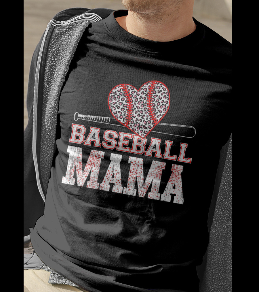 Baseball Mama Leopard Heart Bat T-Shirt