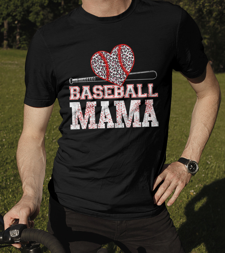 Baseball Mama Leopard Heart Bat T-Shirt