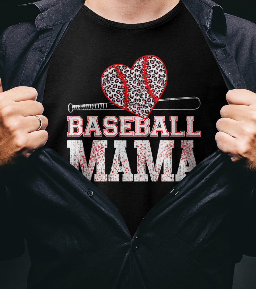 Baseball Mama Leopard Heart Bat T-Shirt