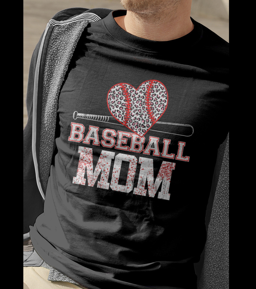 Baseball Mom Heart Leopard Print T-Shirt