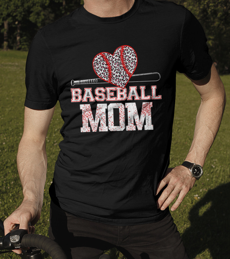 Baseball Mom Heart Leopard Print T-Shirt