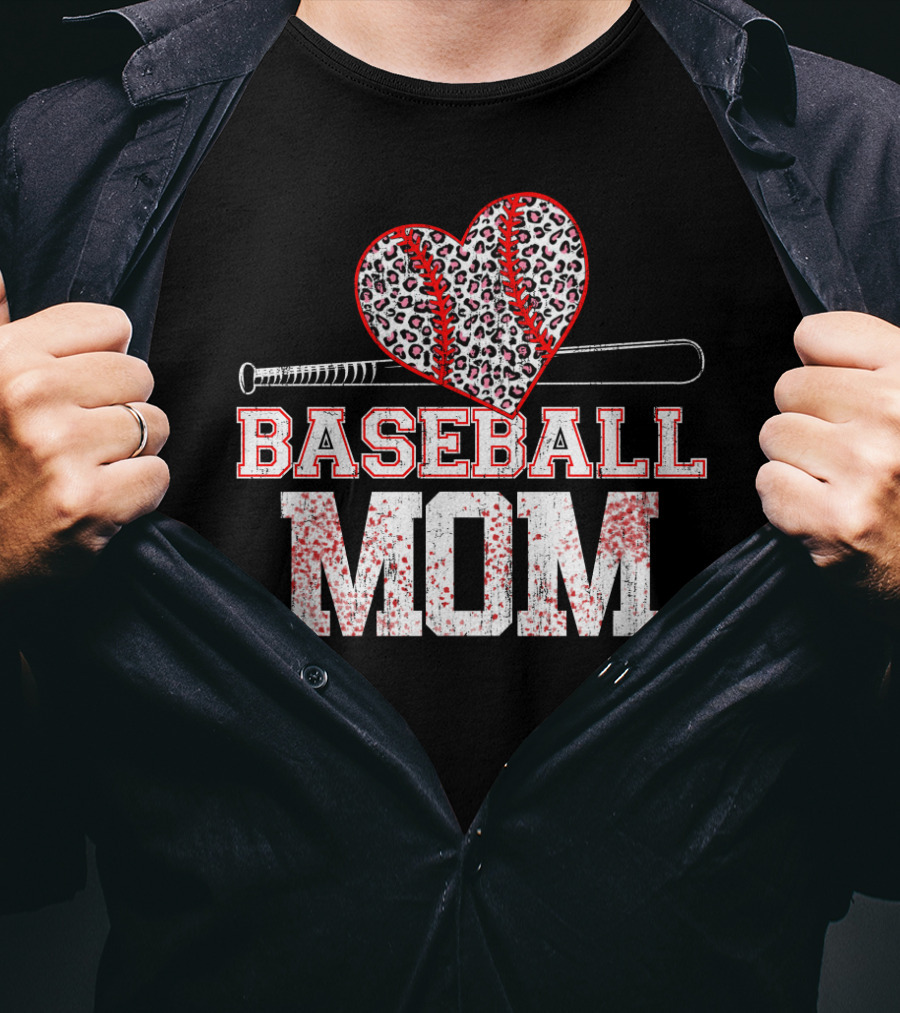 Baseball Mom Heart Leopard Print T-Shirt